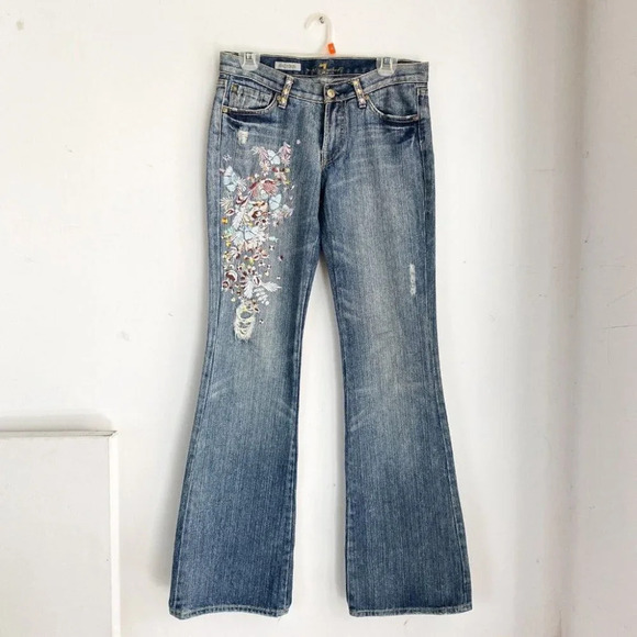 Zac Posen X 7 For All MAnkind Embroidered Low Waist Flared Jeans 31 - Picture 2 of 13